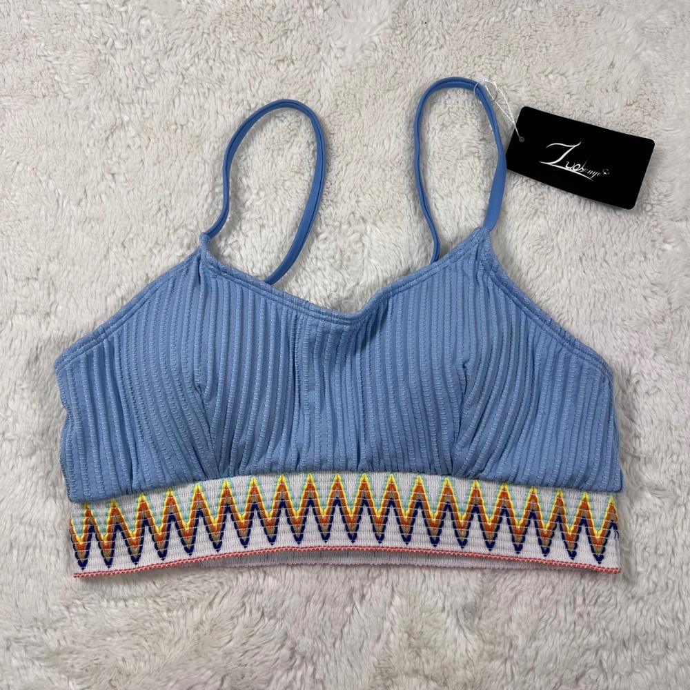 Zuobenye Blue Ribbed‎ Swim Top Adjustable Straps Chevron Embroidered Hem Medium